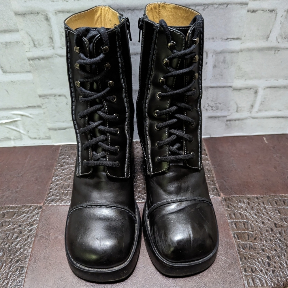 Frye Vintage Y2K Villager Boot Lace Up Zip Stitch 70's Chunky Heel Black Size 9 - Picture 14 of 16